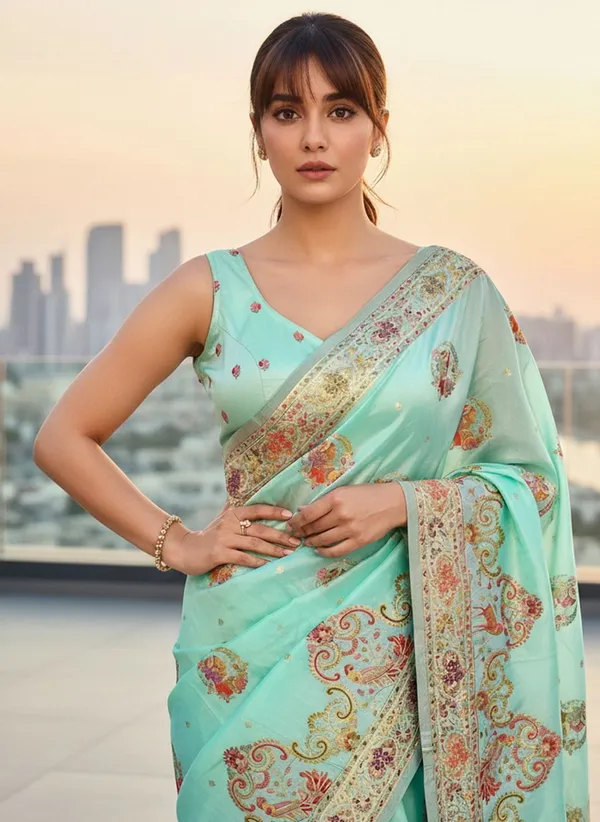 Light_Green_Semi_Pashmina_Jacquard_Woven_Banarasi_Saree_For_Women_|_With_Blouse_Piece