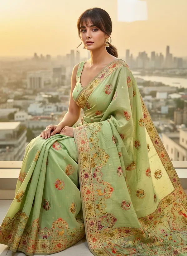 Light_Green_Semi_Pashmina_Banarasi_Jacquard_Woven_Saree_For_Women_|_With_Blouse_Piece
