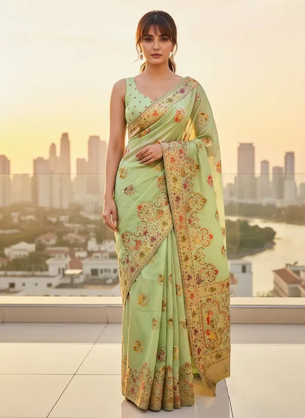 Light_Green_Semi_Pashmina_Banarasi_Jacquard_Woven_Saree_For_Women_|_With_Blouse_Piece