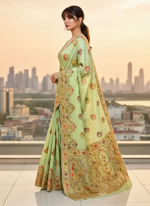 Light_Green_Semi_Pashmina_Banarasi_Jacquard_Woven_Saree_For_Women_|_With_Blouse_Piece