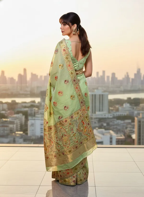 Light_Green_Semi_Pashmina_Banarasi_Jacquard_Woven_Saree_For_Women_|_With_Blouse_Piece