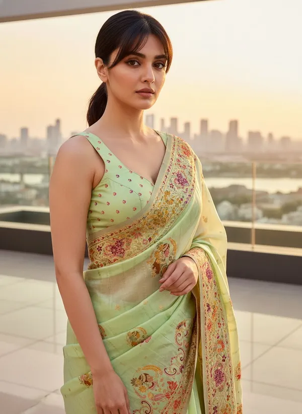 Light_Green_Semi_Pashmina_Banarasi_Jacquard_Woven_Saree_For_Women_|_With_Blouse_Piece