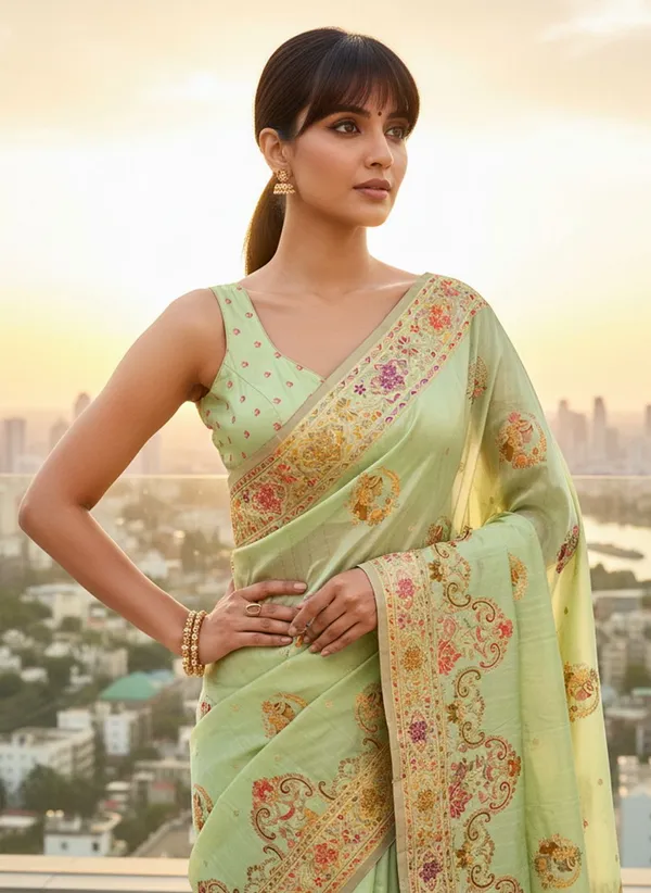 Light_Green_Semi_Pashmina_Banarasi_Jacquard_Woven_Saree_For_Women_|_With_Blouse_Piece