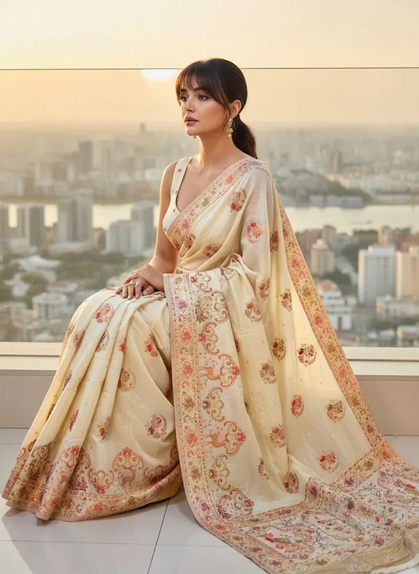 Cream_Semi_Pashmina_Jacquard_Woven_Banarasi_Saree_For_Women_|_With_Blouse_Piece
