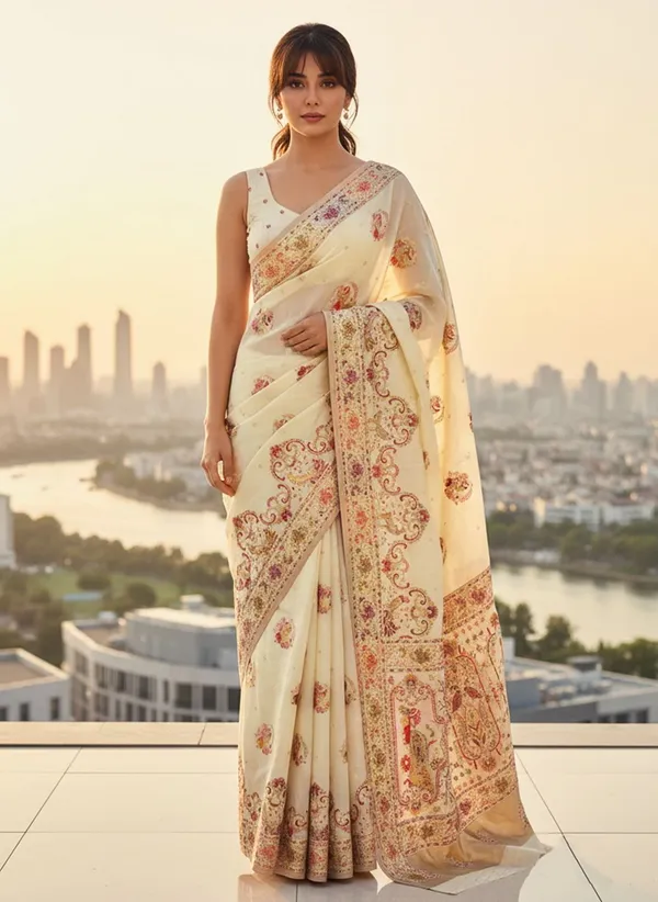 Cream_Semi_Pashmina_Jacquard_Woven_Banarasi_Saree_For_Women_|_With_Blouse_Piece