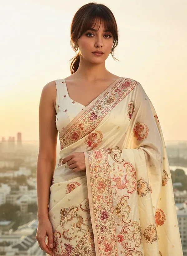 Cream_Semi_Pashmina_Jacquard_Woven_Banarasi_Saree_For_Women_|_With_Blouse_Piece