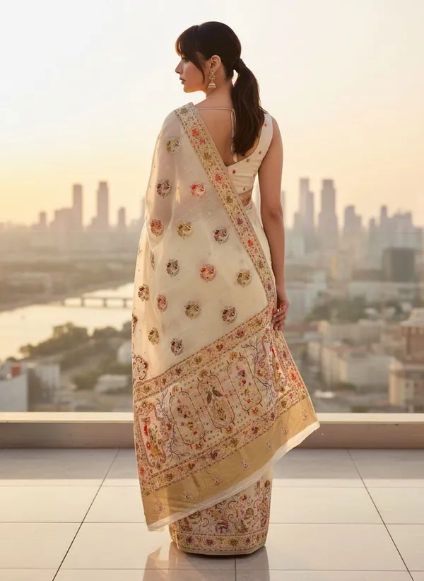 Cream_Semi_Pashmina_Jacquard_Woven_Banarasi_Saree_For_Women_|_With_Blouse_Piece