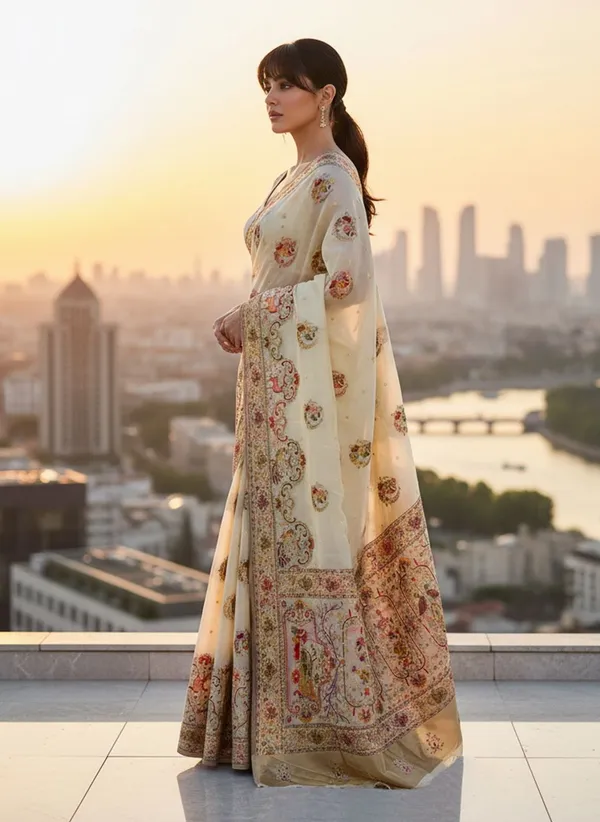 Cream_Semi_Pashmina_Jacquard_Woven_Banarasi_Saree_For_Women_|_With_Blouse_Piece