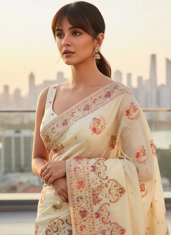 Cream_Semi_Pashmina_Jacquard_Woven_Banarasi_Saree_For_Women_|_With_Blouse_Piece