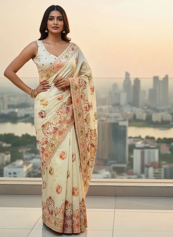 Cream_Semi_Pashmina_Jacquard_Woven_Banarasi_Saree_For_Women_|_With_Blouse_Piece
