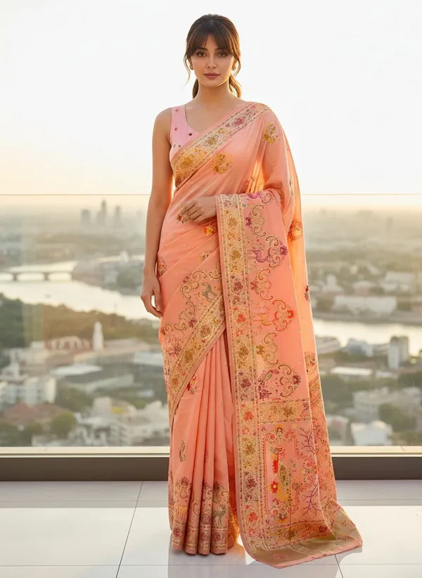 Peach_Semi_Pashmina_Jacquard_Woven_Saree_For_Women_|_With_Blouse_Piece