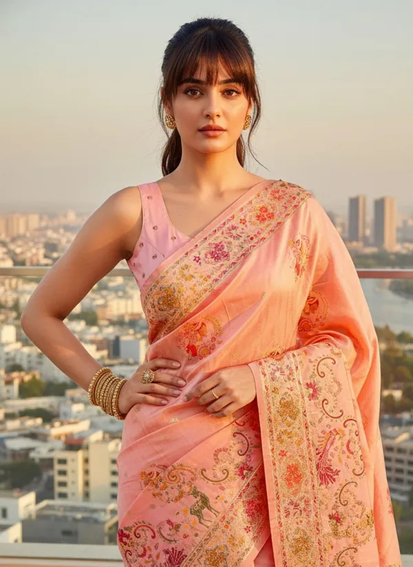 Peach_Semi_Pashmina_Jacquard_Woven_Saree_For_Women_|_With_Blouse_Piece