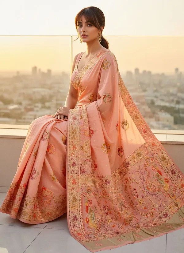 Peach_Semi_Pashmina_Jacquard_Woven_Saree_For_Women_|_With_Blouse_Piece