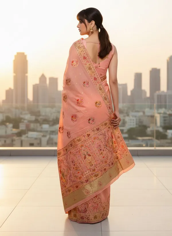 Peach_Semi_Pashmina_Jacquard_Woven_Saree_For_Women_|_With_Blouse_Piece