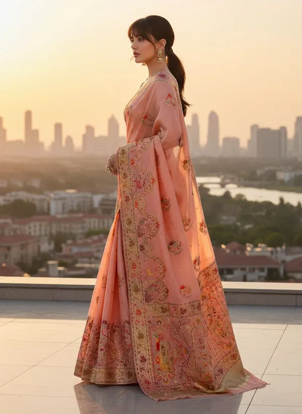 Peach_Semi_Pashmina_Jacquard_Woven_Saree_For_Women_|_With_Blouse_Piece