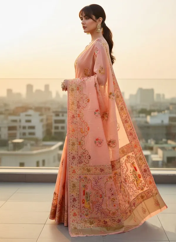 Peach_Semi_Pashmina_Jacquard_Woven_Saree_For_Women_|_With_Blouse_Piece