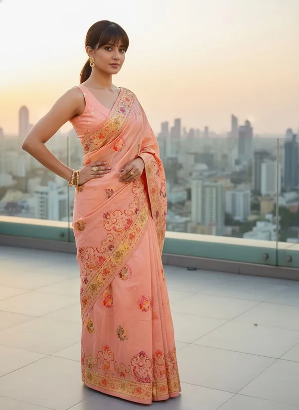 Peach_Semi_Pashmina_Jacquard_Woven_Saree_For_Women_|_With_Blouse_Piece