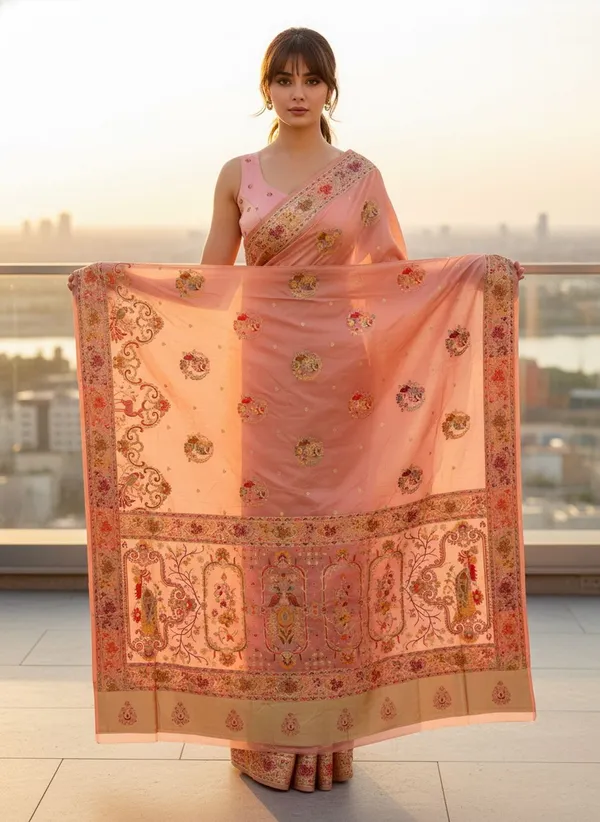 Peach_Semi_Pashmina_Jacquard_Woven_Saree_For_Women_|_With_Blouse_Piece