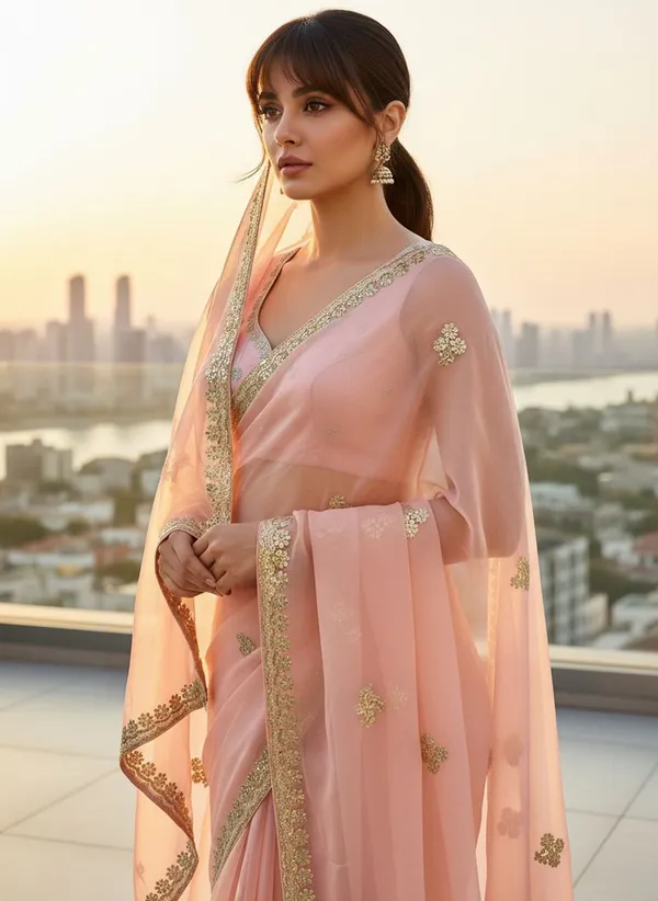 Peach_Georgette_Embroidered_Embellished_Saree_For_Women_|_With_Blouse_Piece