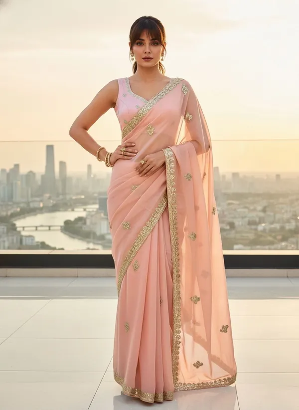 Peach_Georgette_Embroidered_Embellished_Saree_For_Women_|_With_Blouse_Piece