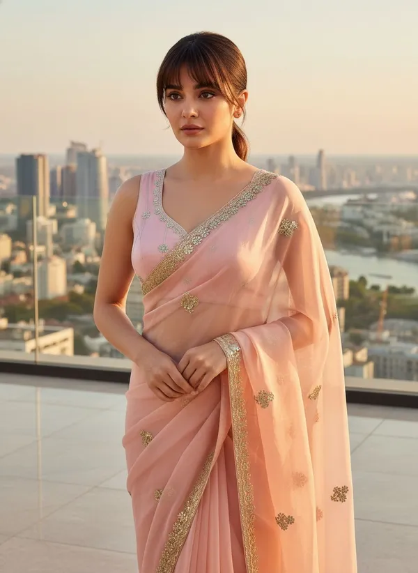 Peach_Georgette_Embroidered_Embellished_Saree_For_Women_|_With_Blouse_Piece