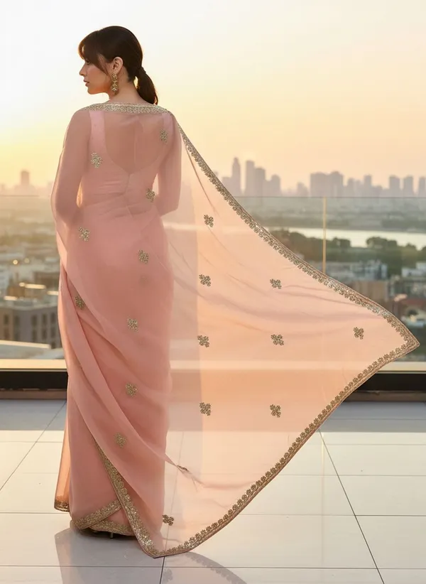 Peach_Georgette_Embroidered_Embellished_Saree_For_Women_|_With_Blouse_Piece