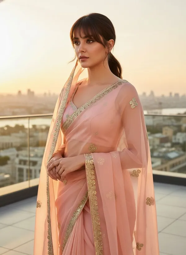Peach_Georgette_Embroidered_Embellished_Saree_For_Women_|_With_Blouse_Piece