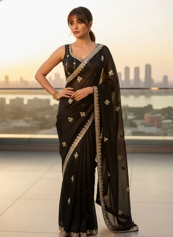 Black_Georgette_Embroidered_Embellished_Saree_For_Women_|_With_Blouse_Piece