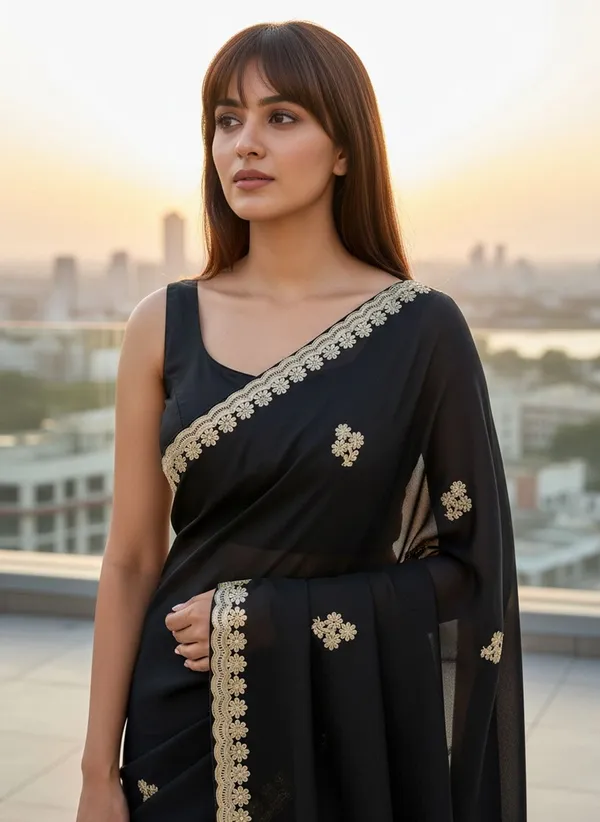 Black_Georgette_Embroidered_Embellished_Saree_For_Women_|_With_Blouse_Piece