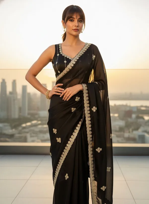 Black_Georgette_Embroidered_Embellished_Saree_For_Women_|_With_Blouse_Piece