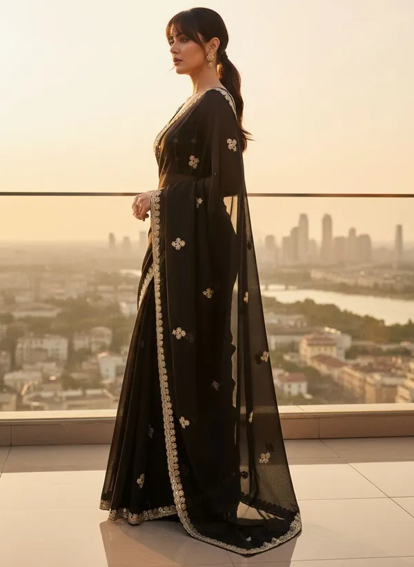 Black_Georgette_Embroidered_Embellished_Saree_For_Women_|_With_Blouse_Piece