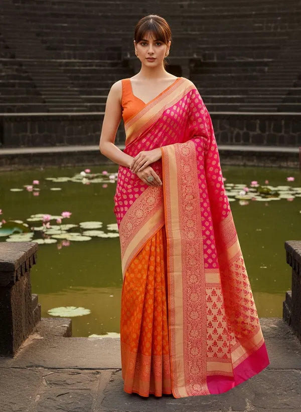 Pink_Orange_Georgette_Banarasi_Woven_Saree_For_Women_|_With_Blouse_Piece