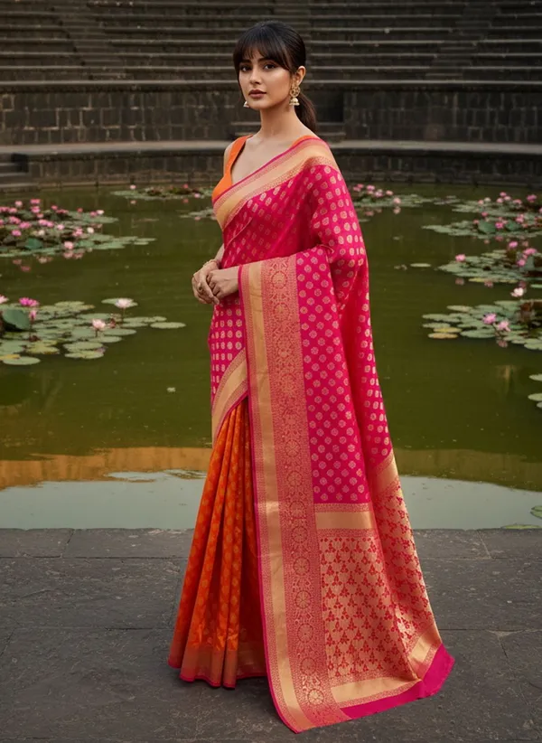 Pink_Orange_Georgette_Banarasi_Woven_Saree_For_Women_|_With_Blouse_Piece