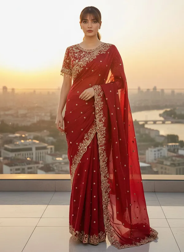 Maroon_Satin_Organza_Zari_Sequin_Embroidered_Saree_For_Women_|_With_Blouse_Piece