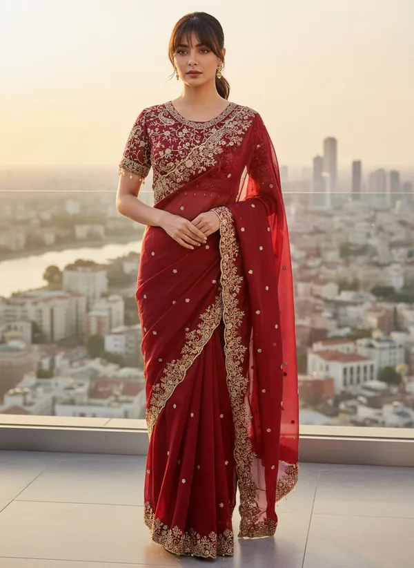 Maroon_Satin_Organza_Zari_Sequin_Embroidered_Saree_For_Women_|_With_Blouse_Piece