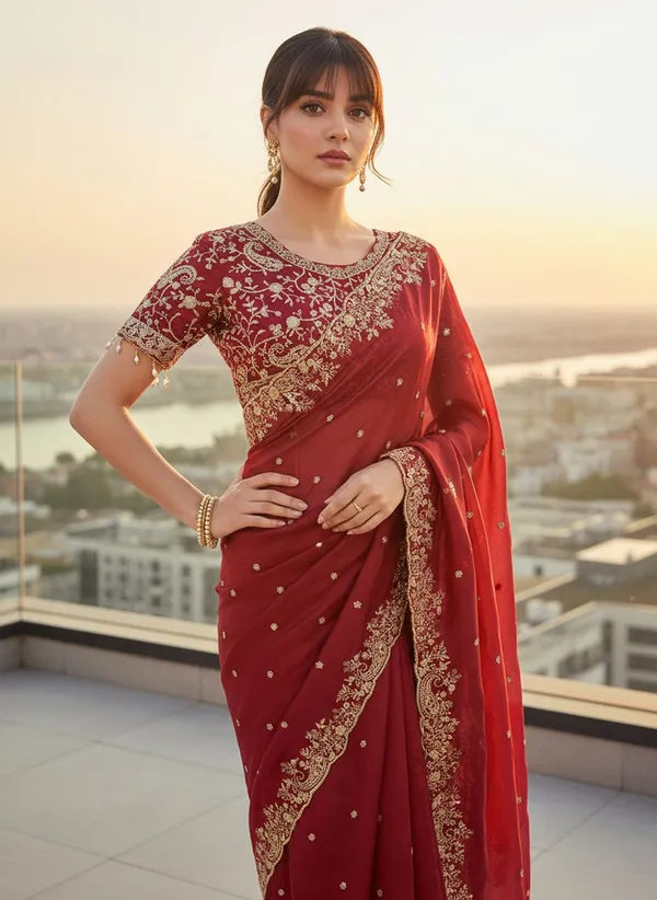 Maroon_Satin_Organza_Zari_Sequin_Embroidered_Saree_For_Women_|_With_Blouse_Piece