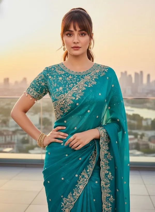 Teal_Satin_Organza_Zari_Sequin_Embroidered_Saree_For_Women_|_With_Blouse_Piece