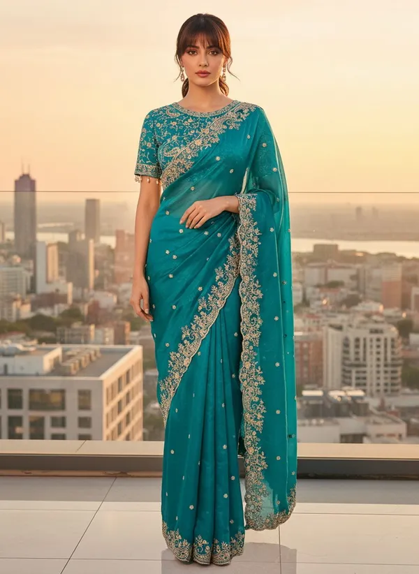 Teal_Satin_Organza_Zari_Sequin_Embroidered_Saree_For_Women_|_With_Blouse_Piece