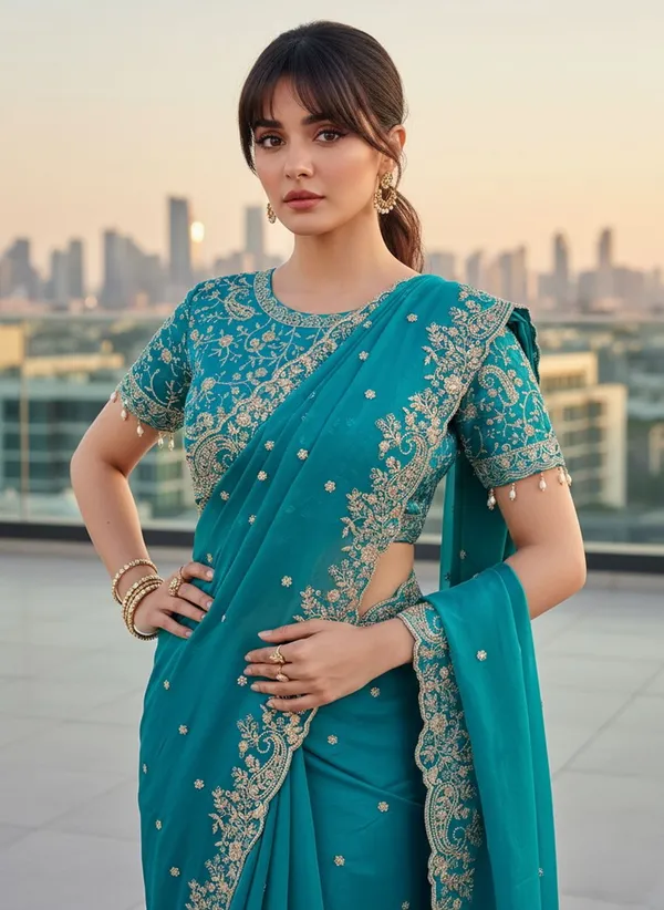 Teal_Satin_Organza_Zari_Sequin_Embroidered_Saree_For_Women_|_With_Blouse_Piece