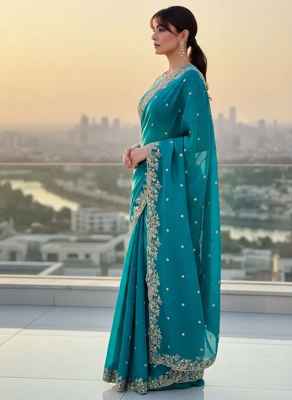 Teal_Satin_Organza_Zari_Sequin_Embroidered_Saree_For_Women_|_With_Blouse_Piece