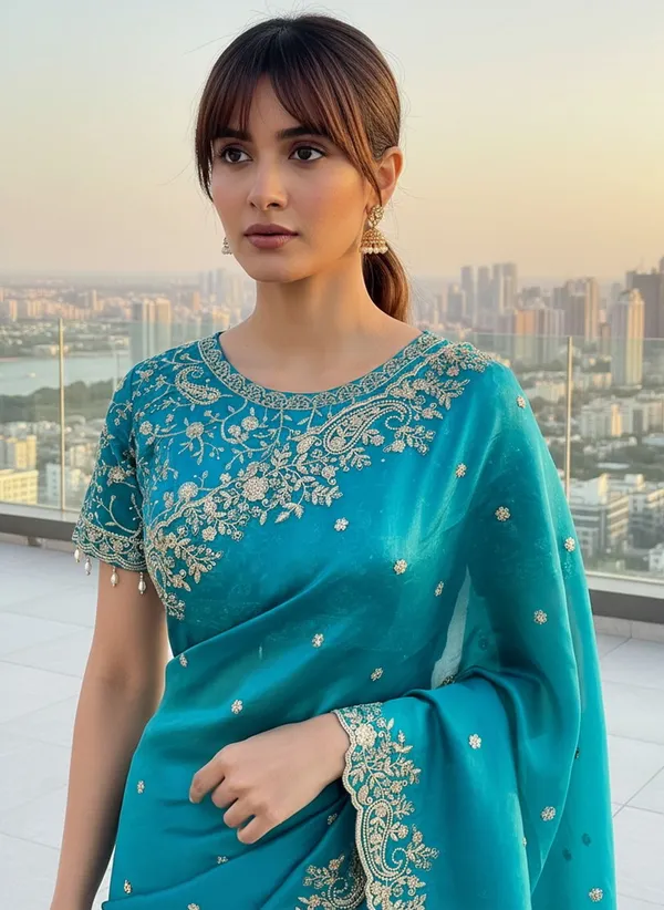 Teal_Satin_Organza_Zari_Sequin_Embroidered_Saree_For_Women_|_With_Blouse_Piece
