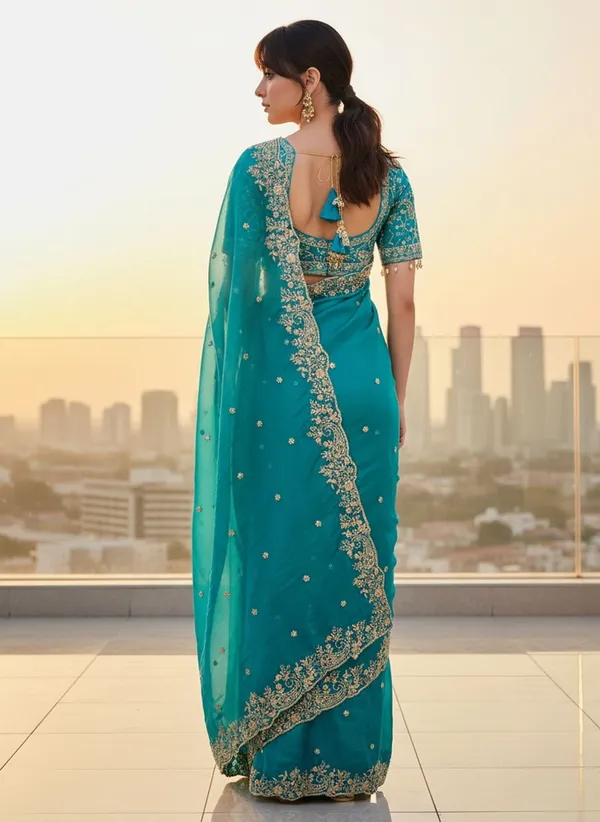 Teal_Satin_Organza_Zari_Sequin_Embroidered_Saree_For_Women_|_With_Blouse_Piece