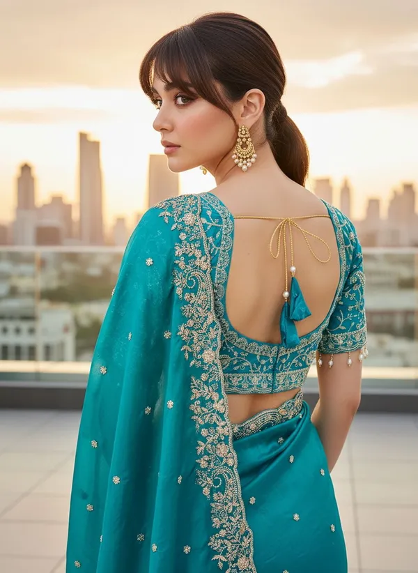 Teal_Satin_Organza_Zari_Sequin_Embroidered_Saree_For_Women_|_With_Blouse_Piece