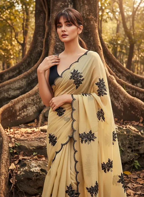 Beige_Georgette_Floral_Embroidered_Sequin_Saree_For_Women_|_With_Blouse_Piece