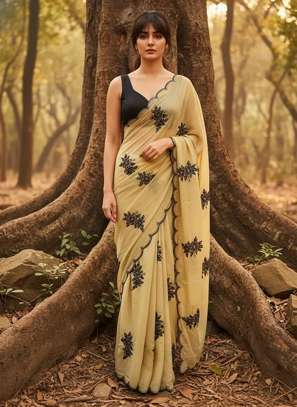 Beige_Georgette_Floral_Embroidered_Sequin_Saree_For_Women_|_With_Blouse_Piece