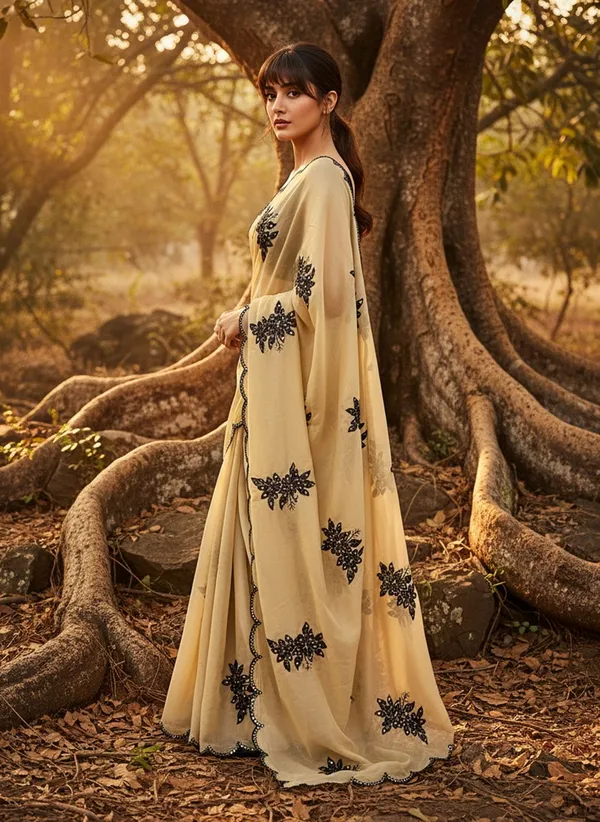 Beige_Georgette_Floral_Embroidered_Sequin_Saree_For_Women_|_With_Blouse_Piece