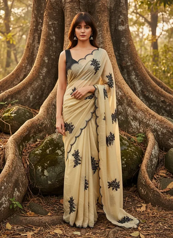 Beige_Georgette_Floral_Embroidered_Sequin_Saree_For_Women_|_With_Blouse_Piece
