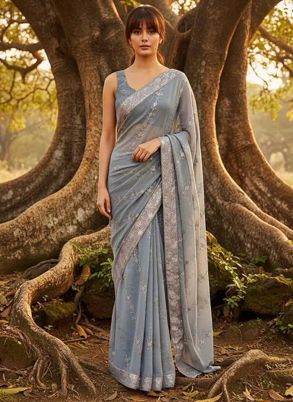Grey_Georgette_Sequin_Embroidered_Saree_For_Women_|_With_Blouse_Piece