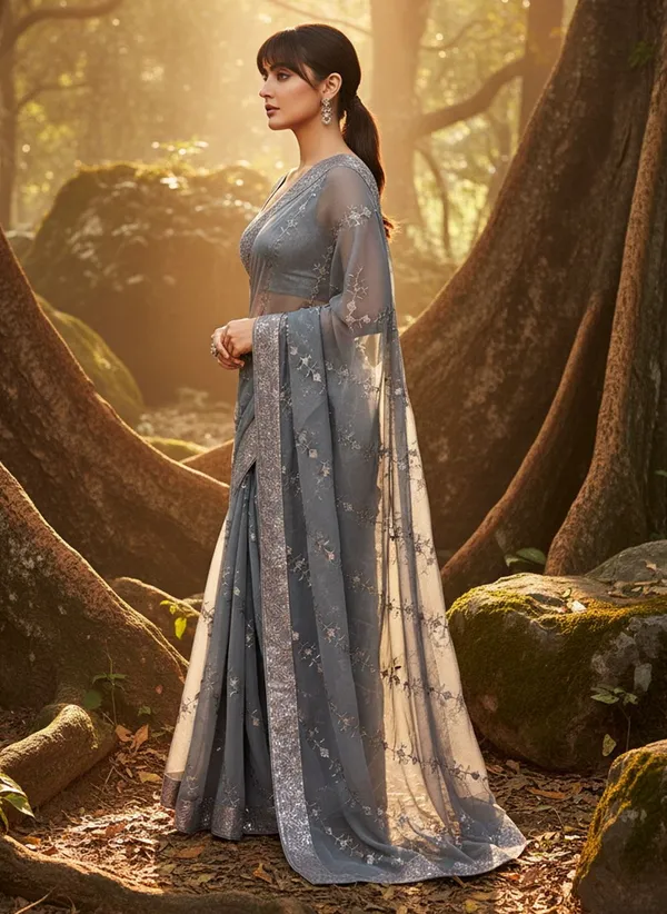 Grey_Georgette_Sequin_Embroidered_Saree_For_Women_|_With_Blouse_Piece