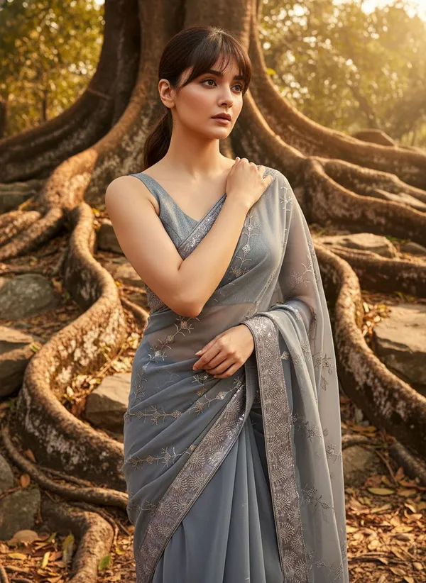Grey_Georgette_Sequin_Embroidered_Saree_For_Women_|_With_Blouse_Piece